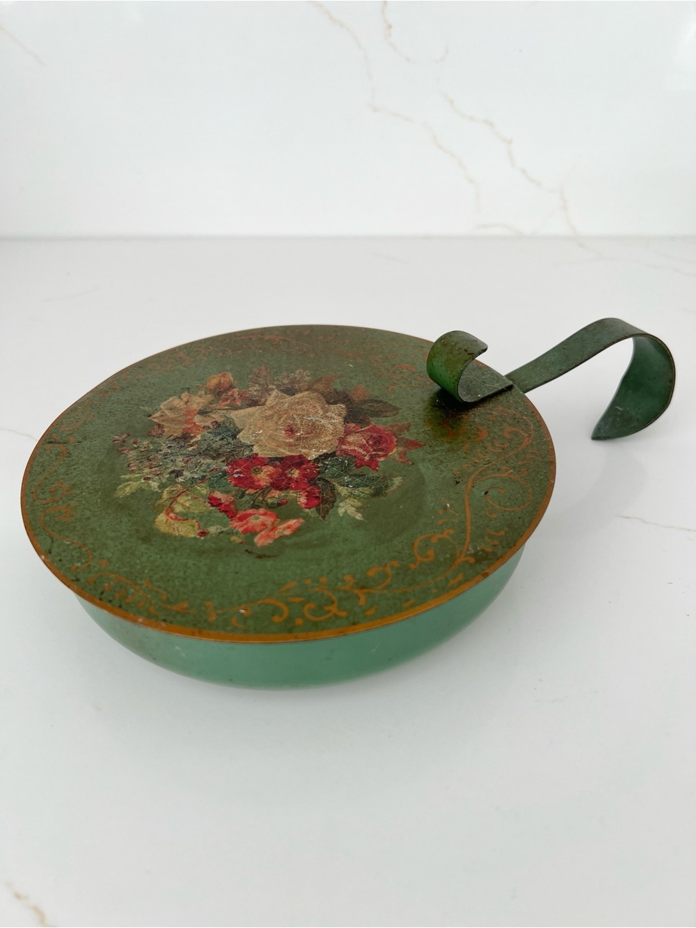 Vintage Green Floral Metal Butler Crumb Catcher with Decorative Gold Accents